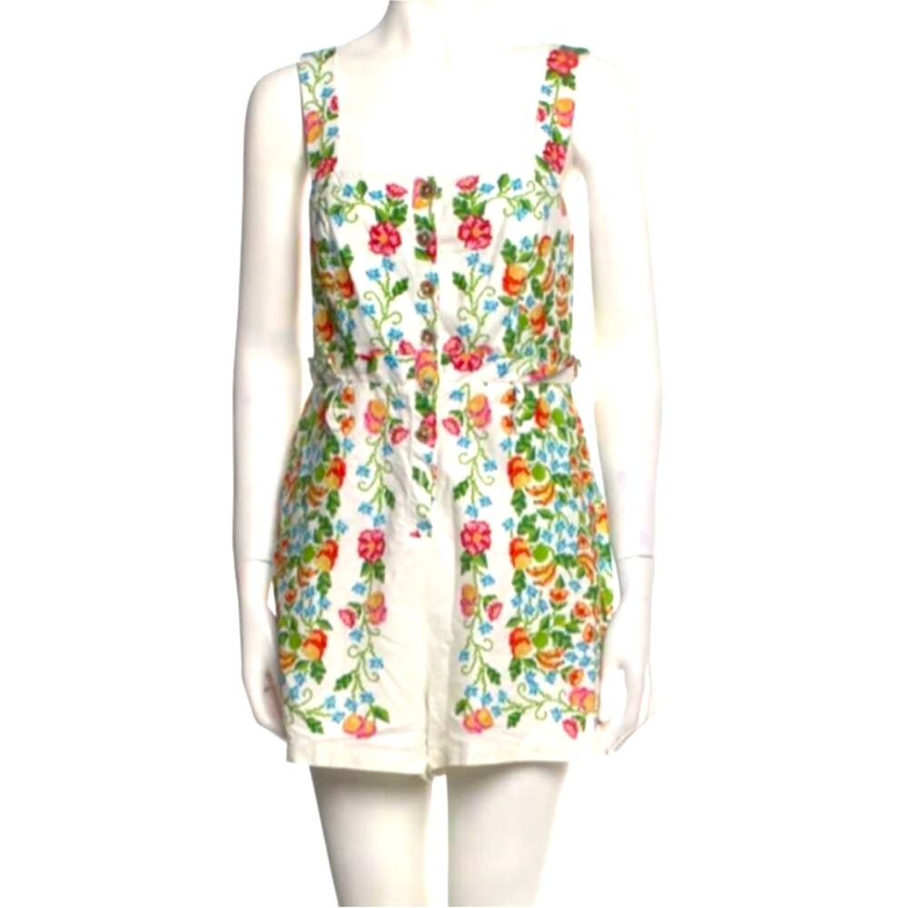 Farm Rio Womens Floral Print Square Neckline Romper Pom Pom Detail Size Large